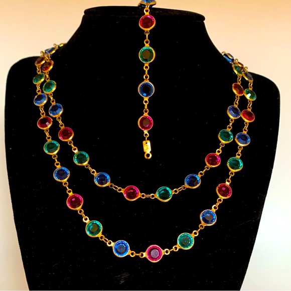 SWAROVSKI NECKLACE BRACELET GOLD PLATE AUSTRIAN CRYSTAL BLUE PINK GREEN 36" VTG - Picture 4 of 10